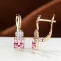 Pink square-cut crystal earrings with champagne gold plating and lever-back design - Pink