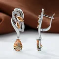Silver champagne teardrop gemstone lever-back earrings with zircon crystal accents - Rhodium Plated Champagne