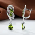 Elegant silver lever-back earrings with drop-cut olive green gemstones and zircon - Platinum Olive Green