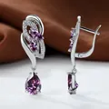 Elegant silver earrings with marquise and pear cut purple gemstones in a stylish hoop design - Platinum Plated Purple Zirconia