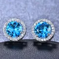 Boucles d'oreilles halo avec pierres bleues rondes et cristaux blancs en argent - Plaqué Platine Zircon Aigue-marine
