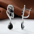 Elegant silver earrings with sparkling black pear-shaped stone and micro-set zircons - Platinum Plated Black Zirconia