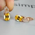 Oval yellow crystal zircon earrings in rose gold finish with small white diamonds - Champagne Gold Yellow Stone