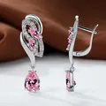 Pink gemstone drop earrings with marquise and pear cut crystals in silver finish - Platinum Plated Pink Zirconia