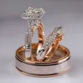 Parure de bagues diamant taille princesse avec anneau torsadé or rose et argent martelé - US 7 / Ensemble Trois Pièces Bicolore