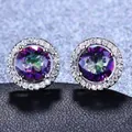 Boucles d'oreilles rondes en argent avec topaze mystique et halo de zircons blancs - Or Blanc Multicolore