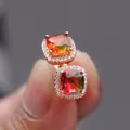 Mini square rose gold stud earrings with colorful multi-gemstones and diamond halo - Rose Gold With Red Green Zirconia