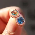 Rose gold square stud earrings with multicolored gemstones and pavé diamond halo - Rose Gold-Tone Blue Green