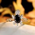 Artistic silver turtle ring with large oval black stone and sparkling zircon details - Size 6 / Black Zirconia