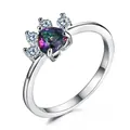 Anillo de plata con corazón de circón arcoíris y diamantes en forma de pata de animal - Talla 5 / Iridiscente