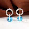 Boucles d'oreilles en argent S925 avec zircons blancs et pierre ronde bleue - Plaqué Platine Bleu Aquatique