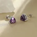 Vintage style triangle purple zircon stud earrings with twisted rope silver finish - Platinum Plated Purple Zirconia