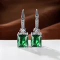 Elegant emerald green square cut dangle earrings with silver pave zircon accents - White Gold Plated Emerald Green
