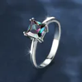 Square rainbow gemstone ring in platinum plated silver with four-claw setting - Size 6 / Colored Zirconia