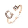 Rose gold adjustable open ring featuring crystal letter G and a round solitaire zircon - Letter G / Rose Gold