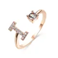 Rose gold adjustable open ring featuring a sparkling crystal and letter I charm design - Letter I / Rose Gold