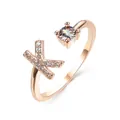 Rose gold adjustable open ring with sparkling letter K and cubic zirconia stone - Letter K / Rose Gold