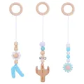 Three-piece baby gym hanging toys with blue silicone beads and natural wooden rings - Blue 3-Piece Set / Blue