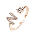 Rose gold adjustable ring featuring letter N with pavé stones and a round solitaire - Letter N / Rose Gold