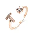 Rose gold open ring featuring letter T with zircons and a round solitaire stone - Letter T / Rose Gold
