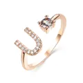 Adjustable rose gold open ring with U-shaped crystal letter and round cubic zirconia - Letter U / Rose Gold