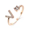 Rose gold adjustable open ring featuring crystal letter V and round zircon stone - Letter V / Rose Gold
