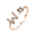 Adjustable rose gold letter W ring featuring a large zircon and pave-set crystals - Letter W / Rose Gold