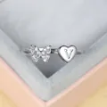 Bague ouverte papillon et cœur argentée avec lettre V sertie de diamants fins - Ouvert Réglable / Platine Lettre V