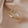 Adjustable gold letter Q open ring with zircon stone and S925 engraved stamp - Letter Q / Gold