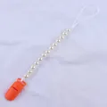 Detail of baby pacifier clip with orange plastic buckle and white pearl beads - Orange
