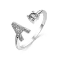 Silver adjustable open ring featuring crystal letter A and a sparkling round solitaire stone - Letter A / Platinum