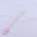 Pink and off-white baby pacifier clip with twelve faux pearls and plastic duckbill clip - Pink & White