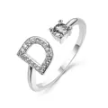 Adjustable silver letter D ring featuring shimmering pavé crystals and a round solitaire - Letter D / Platinum