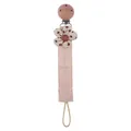 Pink cotton pacifier clip with beech wood clasp and floral fabric heart charm - Beige Heart