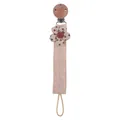 Pink cotton pacifier clip with floral fabric flower and beech wood clamp - Beige Floral