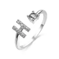 Adjustable silver open ring featuring a sparkling letter H and round solitaire stone - Letter H / Platinum