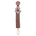 Beech wood pacifier clip with brown heart pattern fabric flower and woven strap - Taupe Heart