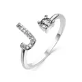 Silver open ring with letter J and sparkling zircon stone for personalized style - Letter J / Platinum