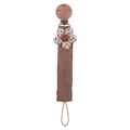 Infant pacifier clip with beech wood clip and brown cotton strap featuring a floral pattern - Taupe Polka Dot