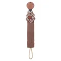 Infant beech pacifier clip featuring a plaid fabric flower and brown ribbed cotton strap - Taupe Plaid