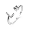 Adjustable silver open ring featuring a sparkling zircon stone and pave crystal letter L - Letter L / Platinum