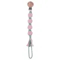 Sujeta chupete artesanal de madera de haya con cuatro flores rosas y detalle de borla - Rosa