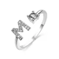 Silver letter M open ring with pavé crystals and single round cubic zirconia stone - Letter M / Platinum