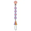 Sujetachupetes de madera de haya con flores de ganchillo moradas y naranjas y borlas - Violeta Claro