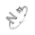 Adjustable silver letter N ring with sparkling zircon pavé and round center stone - Letter N / Platinum