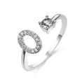 Silver adjustable open ring with oval pave setting and round cubic zirconia stone - Letter O / Platinum