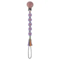 Attache-tétine fait main en bois de hêtre avec sangle verte et fleurs tricotées violettes - Violet Clair