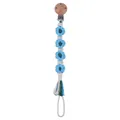 Handgefertigter Schnullerklipp aus Buchenholz mit blau-weißer Baumwollblumenkette - Blau