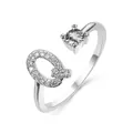 Adjustable silver letter Q ring featuring sparkling zircons and a round solitaire diamond - Letter Q / Platinum