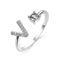 Silver adjustable open ring featuring crystal letter V and brilliant round zircon - Letter V / Platinum